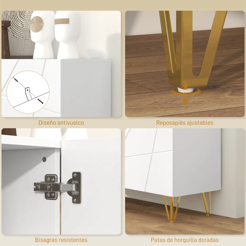 HOMCOM Aparador de Entrada con 3 Puertas y Estantes Ajustables para Cocina Sala 120x40x75 cm Blanco Brillante