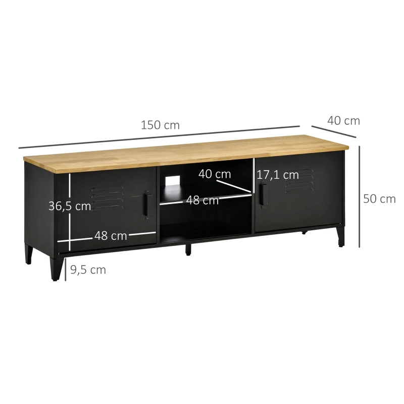 HOMCOM Meuble TV Banc TV pour téléviseurs de 55'' avec 2 Placards Pieds Réglables Cadre métalique noir Plateau en Bois Naturel 150 x 40 x 50 cm(m-3)