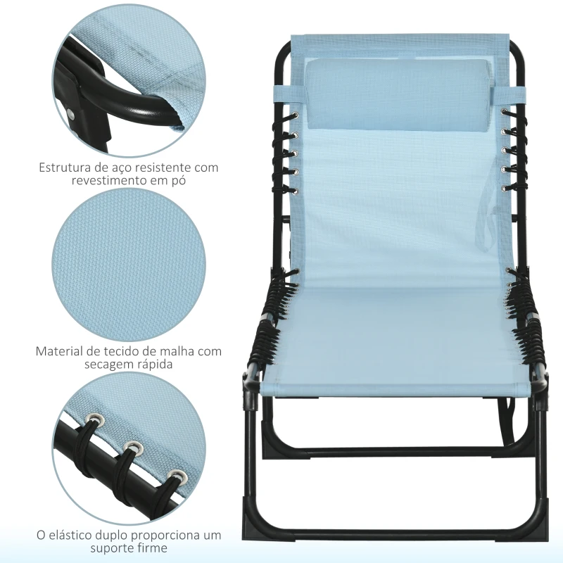 Outsunny Espreguiçadeira Dobrável com Apoio de Cabeça Reclinável 4 Posições e Estrutura em Aço 189x58x30 cm Azul Claro