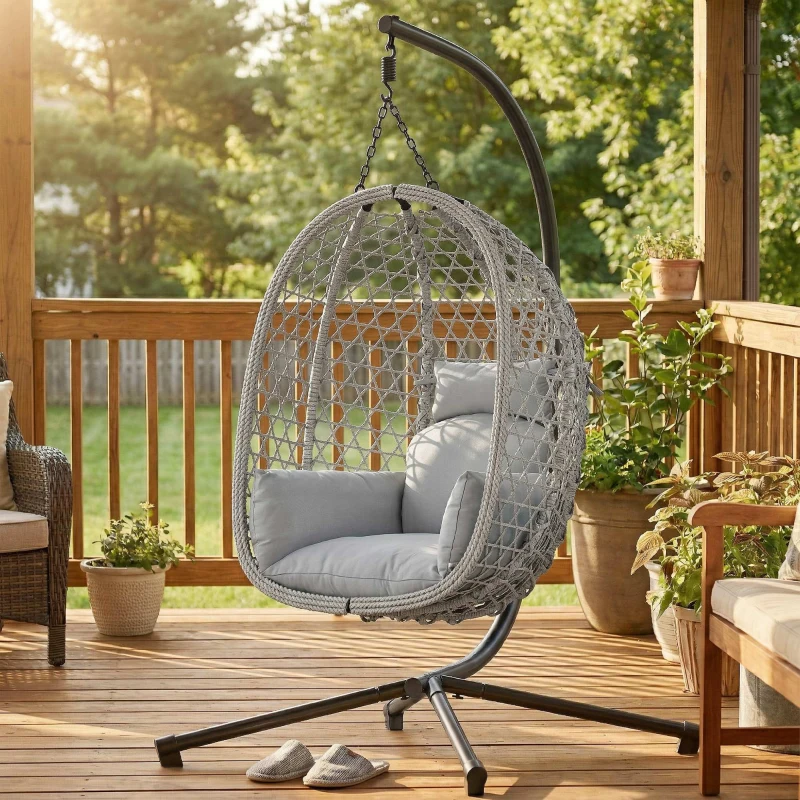 Outsunny Hanging Egg Chair, Indoor Outdoor Rattan Hammock Swing Chair with Stand, Safety Strap, Foldable Basket, Light Grey