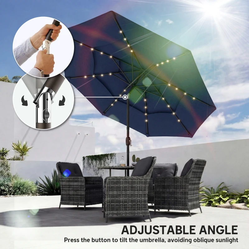 Outsunny 2.8 m Garden Parasol Umbrella with LED Solar Light, Parasol Cover, 3 Tier Outdoor Table Market Patio Umbrella, Navy Blue