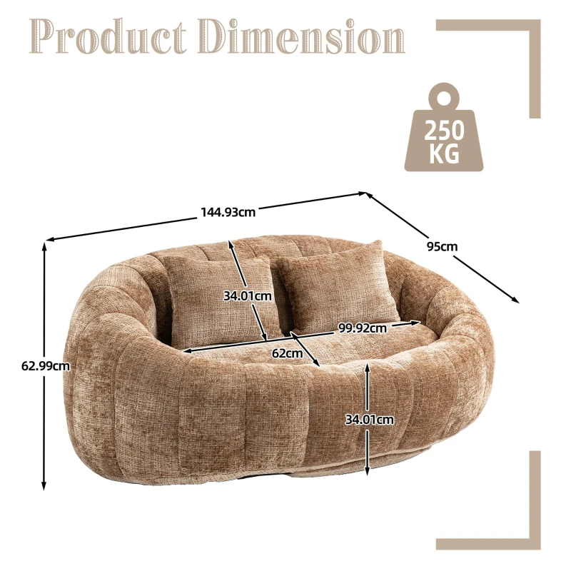 Cozy Oversized Bean Bag Sofa with 2 Matching Pillows, Soft 2-Seat Sectional Couch for Living Room and Bedroom, 145L x 95W x 63H cm, Coffee