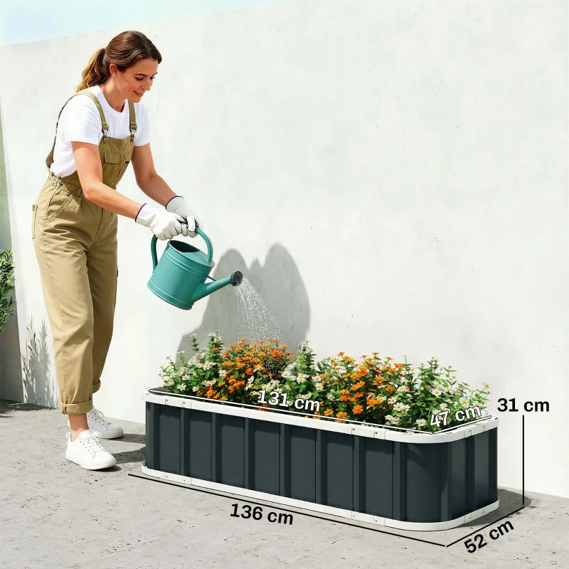Outsunny Galvanised Raised Garden Bed, 4.5 x 2 x 1 ft Metal Planter with Gloves and Folded Edging, Dark Grey