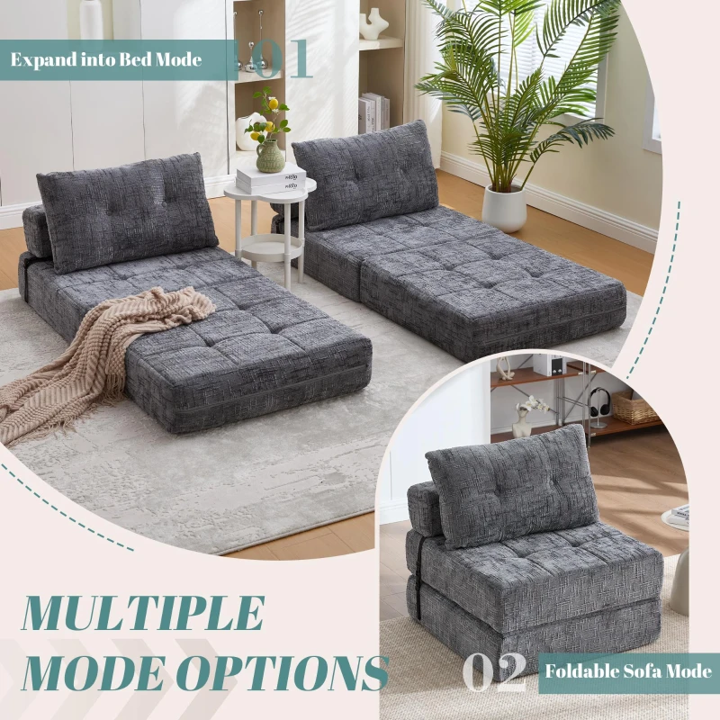 Cozy Convertible Floor Sofa Bed with Button-Tufted Detailing, Soft Chenille Folding Sleeper Couch for Living Room, 180L x 79W x 57H cm, Gray
