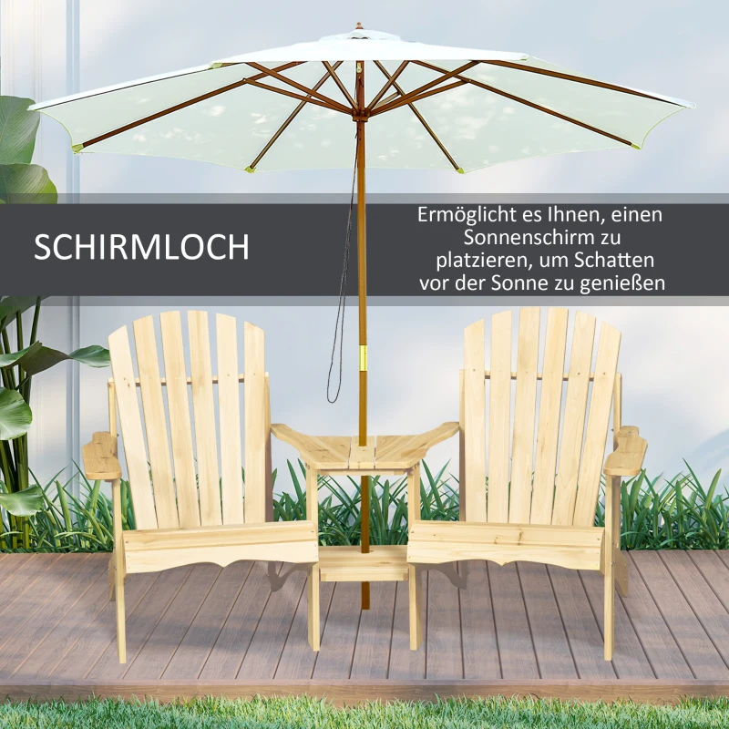 Outsunny Adirondack Gartenstuhl mit Tisch und Schirmloch 2 Sitzer Gartensessel Sitzgruppe Gartenmöbel für Balkon Massivholz Natur 178 x 87 x 92 cm