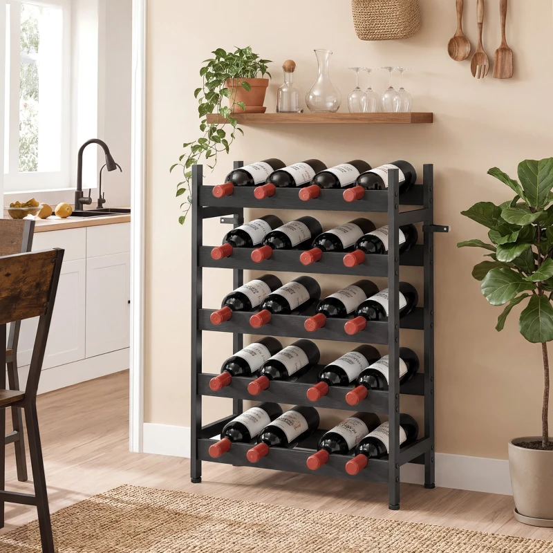 HOMCOM Wine Rack Freestanding Industrial Liquor Cabinet 5-Tier 20 Bottles Bar Stand with Adjustable Feet, Black