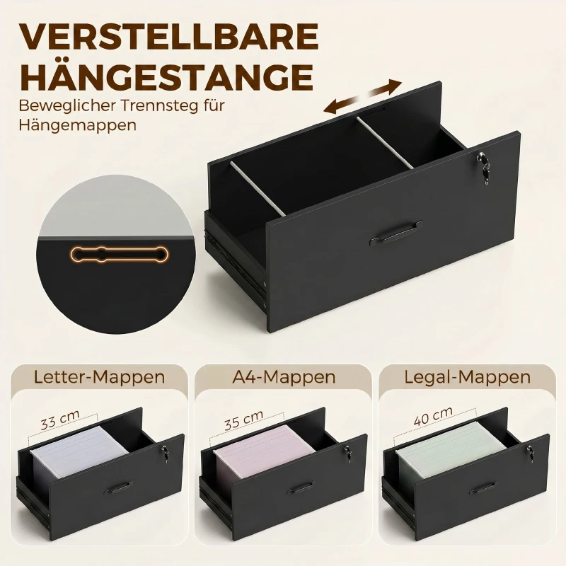 HOMCOM Aktenschrank mit Schubladen, Abschließbar Aufbewahrungsschrank mit Bücherregal für A4, Letter und Legal-Formate, Schwarz