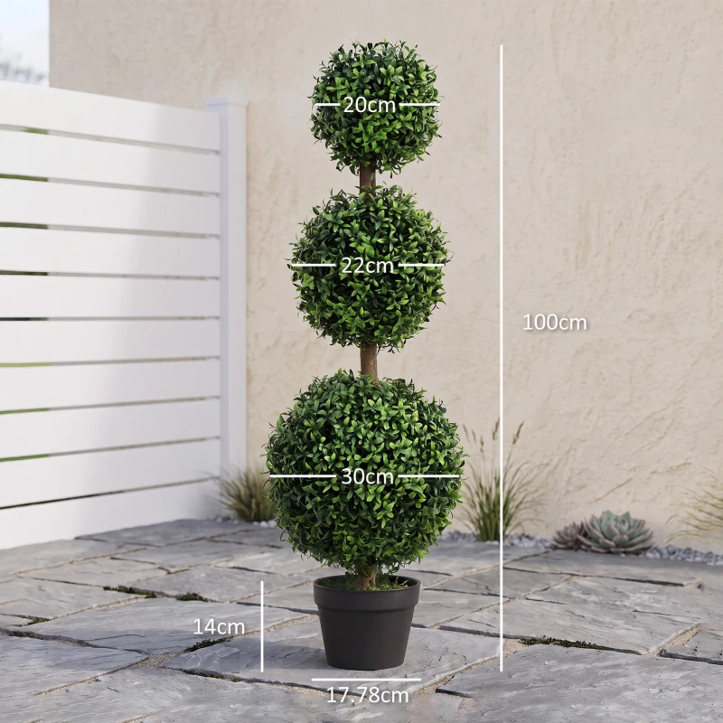 HOMCOM Set of 2 Decorative Artificial Trees, Topiary Ball-shaped Boxwood Trees in Pot, Fake Plants for Home Indoor outdoor Decor, 100cm, 3 Tree Balls