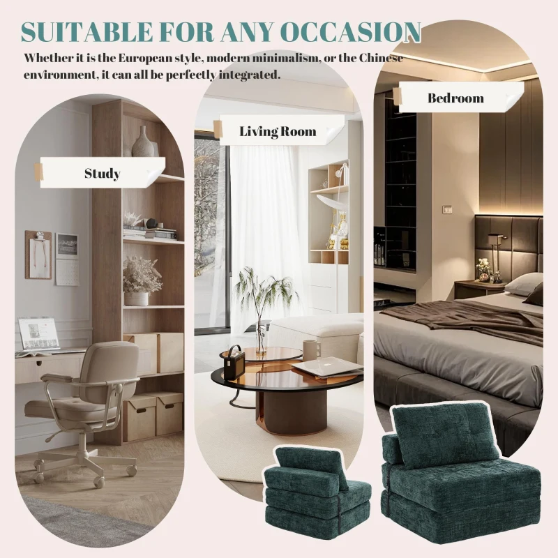 Cozy Convertible Floor Sofa Bed with Button-Tufted Detailing, Soft Chenille Folding Sleeper Couch for Living Room, 180L x 79W x 57H cm, Emerald