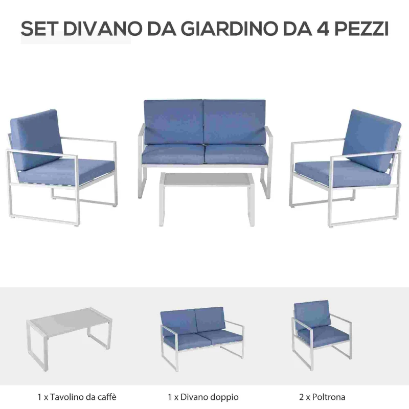 Outsunny Salotto da Giardino, Divano da Giardino, Set Mobili da Esterno con Poltrona da Giardino in Metallo e Poliestere, Bianco e Blu