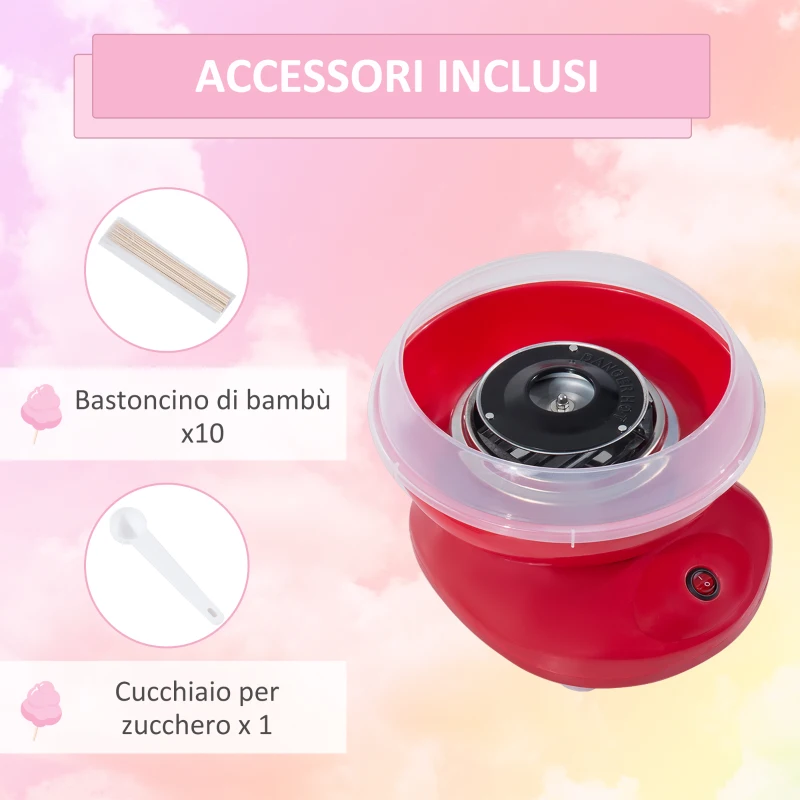 HOMCOM Macchina per Zucchero Filato in PP, Acciaio Inox e Alluminio 450W 27 x 26 x 18cm Rosso