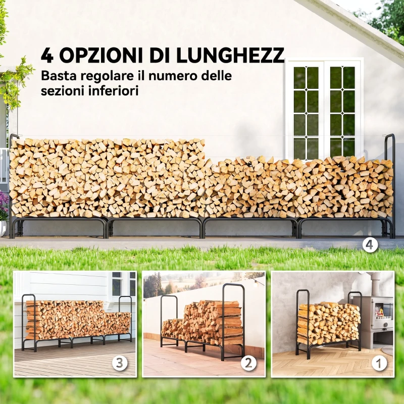 Outsunny Portalegna da 1m³ Regolabile con Telo Impermeabile in PE, in Metallo, 360x36x99cm, Nero e Verde Scuro