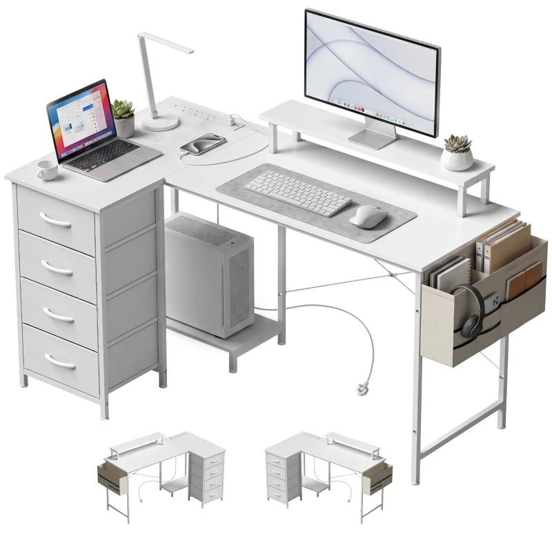 HOMCOM L Shaped Gaming Desk Reversible Power Outlets Corner Desk Storage Drawers Monitor Shelf 150 cm White