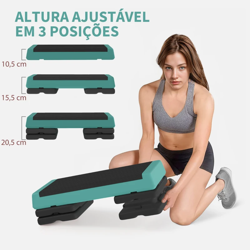 SPORTNOW Step para Fitness Antideslizante Altura Regulável 3 Níveis de 10,5/15,5/20,5 cm Capacidade 250 kg 77x36x20,5 cm Verde e Preto