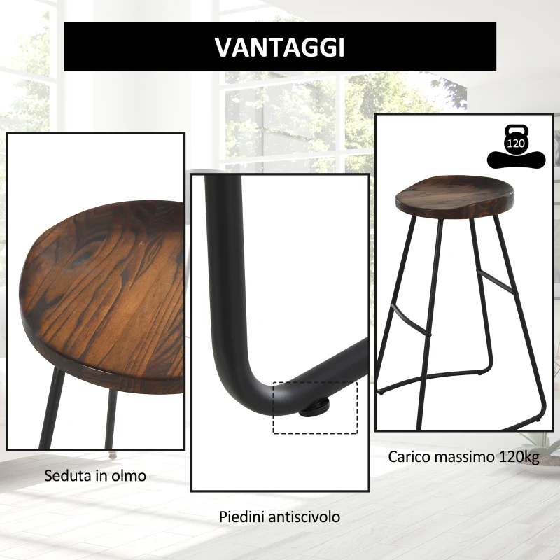 HOMCOM Set 2 Sgabelli Alti in Stile Industriale, Sgabelli da Bar con Telaio in Acciaio Nero e Seduta in Legno, Sgabelli Vintage per Cucina, 49.5x44x71cm