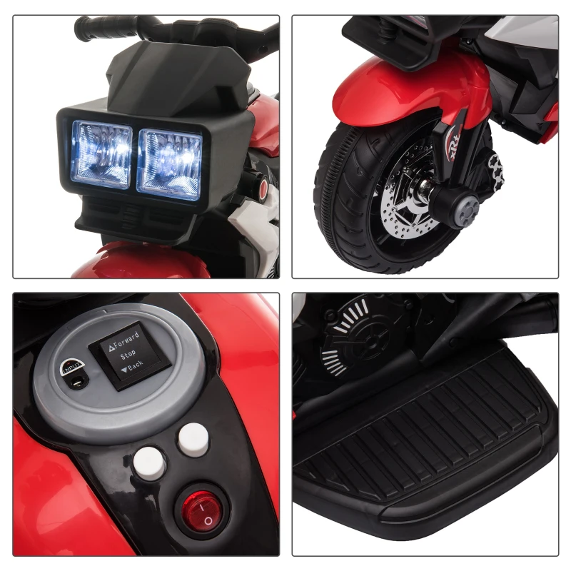HOMCOM Motocicletă Electrică pentru Copii 3-5 Ani (max. 25 kg) cu 3 Roți, Lumini și Sunete, Baterie 6V, Roșie, 86x42x52 cm