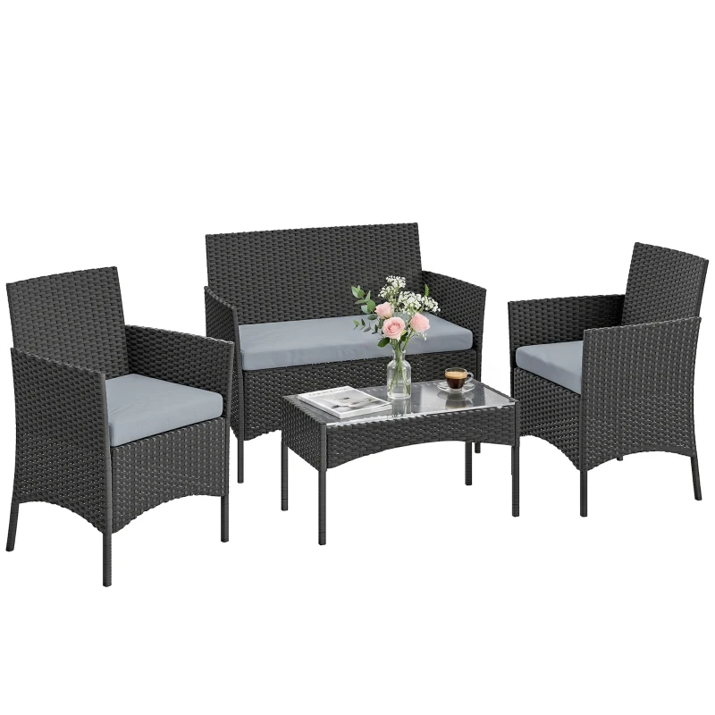 Outsunny Salon de jardin extérieur 4 personnes en résine tressée avec canapés et table basse en verre trempé coussins inclus gris