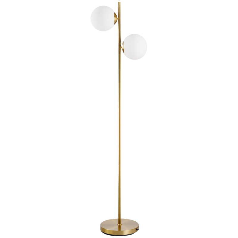 HOMCOM Lampă de Podea cu 2 Lumini și Abajururi Sferice, Comutator de Picior și Soclu E27, Ø28x165 cm, Aur