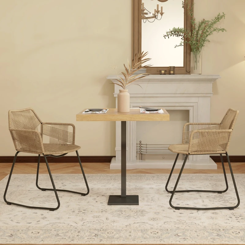 HOMCOM Set 2 Sedie da Pranzo Stile Boho da Interno in Rattan PE con Schienale Basso e Braccioli, Giallo