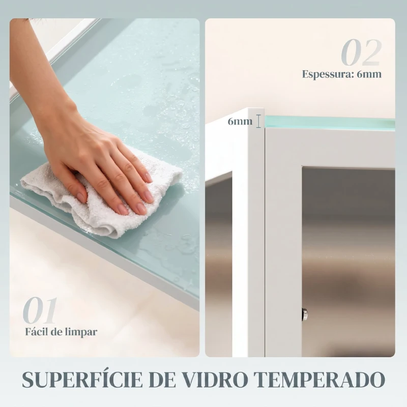 HOMCOM Mesa Sala de Jantar de Cristal Mesa Retangular para 4-6 pessoas com Pés de Metal Multifuncional para Cozinha 120x60x75cm Branco