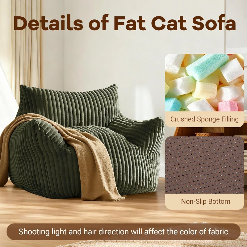 Soft Bean Bag Sofa with High-Quality Sponge and Large Armrests, Cozy Plush Lounger for Bedrooms, 103L x 90W x 70H cm, Green