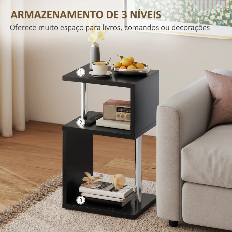 HOMCOM Mesa Auxiliar com Luz LED 3 Níveis Forma de S Prateleiras Abertas e Estrutura em Alumínio 44x38x75 cm Preto Brilhante