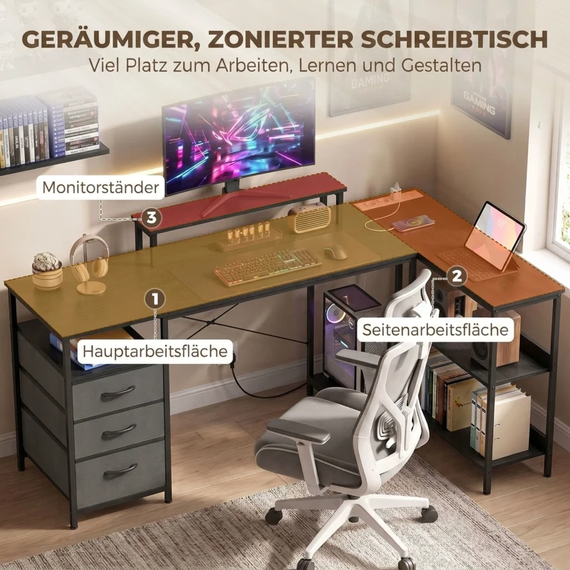 HOMCOM Schreibtisch in L-Form, umkehrbarer Eckschreibtisch mit Schubladen und Regalen, 170 cm, Schwarz