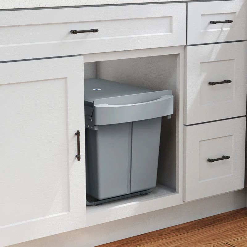 HOMCOM Ausziehbarer Mülleimer, 2 x 20 L, entnehmbare Behälter, Kunststoff, Metall, Grau