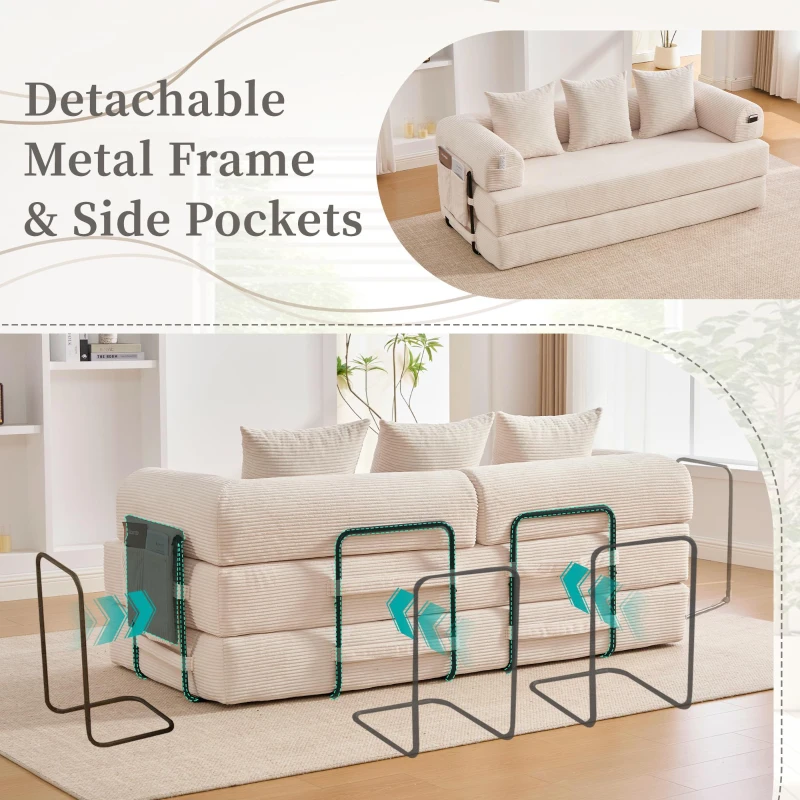 Cozy Compressible Folding Sofa with Detachable Metal Frame, Soft Modular Sectional Couch for Small Apartment, 110L x 33W x 33H cm, Beige