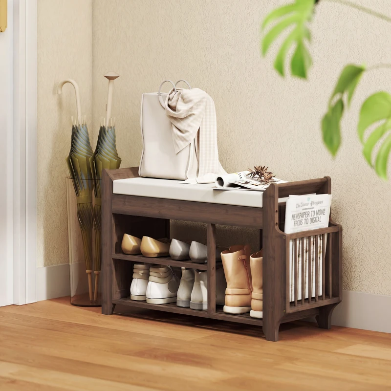 HOMCOM Shoe Bench 2-Tier Boot Section Entryway Storage Bench Cushioned Seat 80 x 30 x 50 cm Dark Brown and Cream