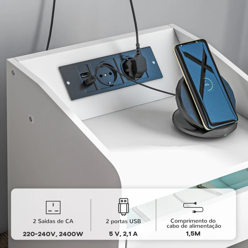 HOMCOM Mesa de Cabeceira com Luzes LED Gaveta Prateleira Estação de Carregamento Entrada USB e Controlo Remoto 40x40x58 cm Branco