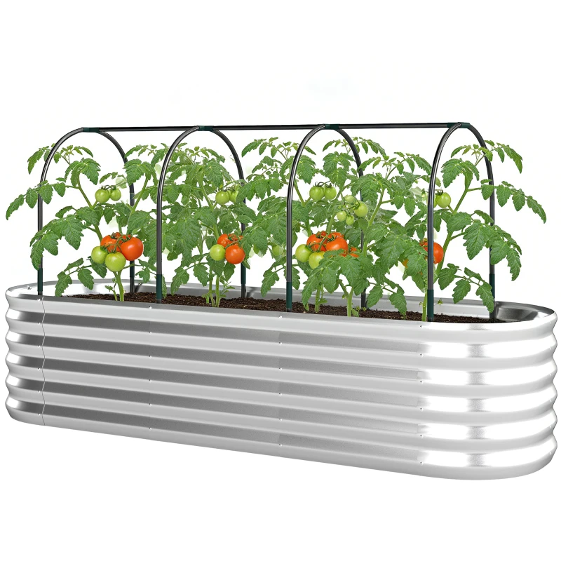 Outsunny Letto da Giardino Rialzato con Griglia per Rampicanti e Fondo Aperto, in Acciaio, 200x60x103 cm, Argento