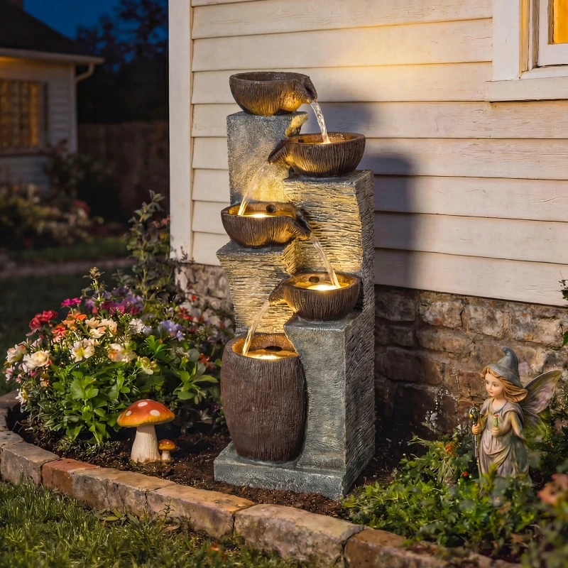 Outsunny Outdoor Fountain with 5-Tier, Garden Fountain with LED Lights, Adjustable Flow, Grey and Rustic Brown