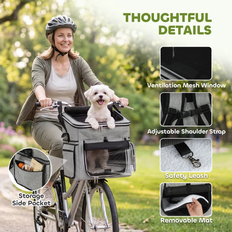 PawHut Dog Bike Basket, Soft-Sided Pet Carrier with Security Leash, Mesh Door & Window, Plush Cushion, Bowl, Light Grey