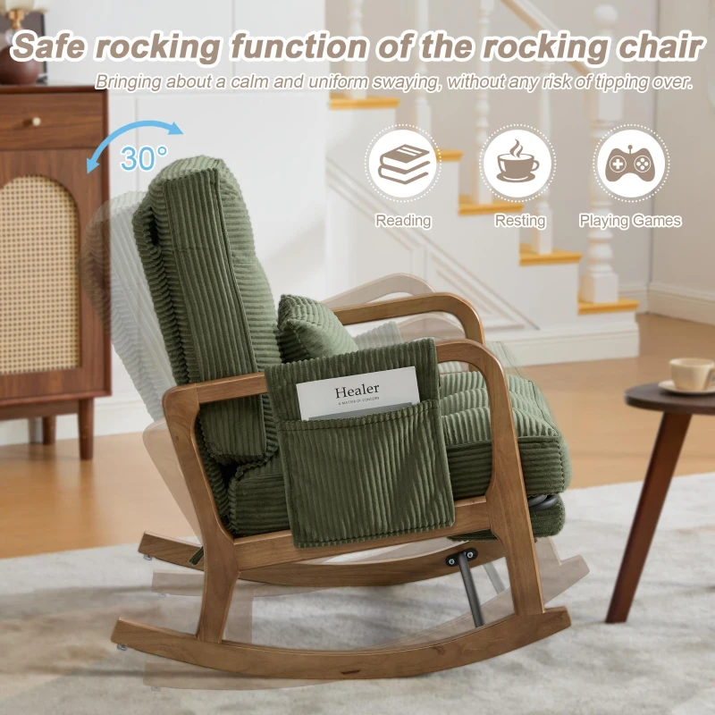 Cozy Rocking Chair with Adjustable Footrest and Side Pocket, Soft Corduroy Glider Armchair for Nursery, 92L x 80W x 70H cm, Green