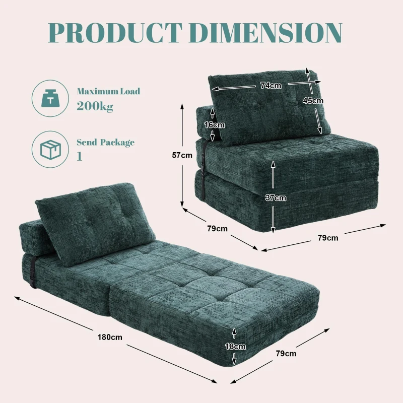Cozy Convertible Floor Sofa Bed with Button-Tufted Detailing, Soft Chenille Folding Sleeper Couch for Living Room, 180L x 79W x 57H cm, Emerald
