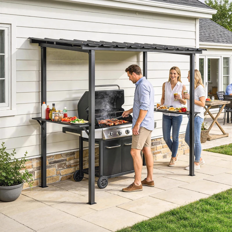 Outsunny Grillpavillon 2,71 x 1,82 m Gartenpavillon mit Pultdach, Seitenregalen UV-Schutz 50+ Schwarz