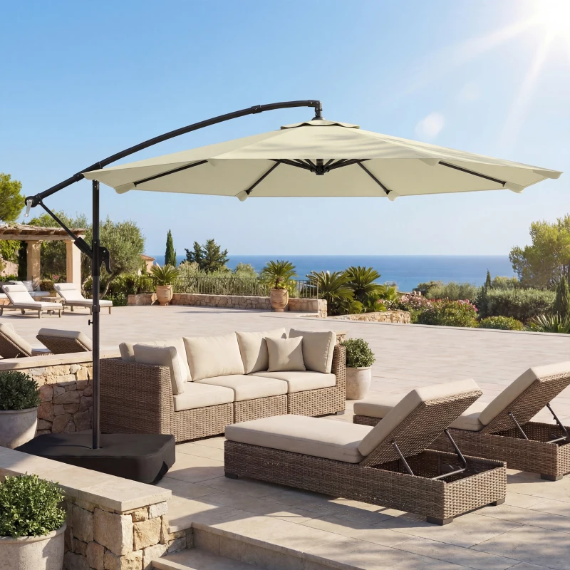 Outsunny 3 m Garden Cantilever Parasol with Cross Base, Sandbag, 360° Rotating Overhanging Banana Umbrella, Beige