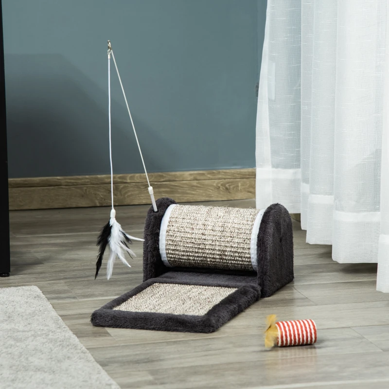 PawHut Arranhador para Gatos com Rolo Placa para Arranhar Revestidos de Sisal Natural e Brinquedo Suspenso Centro de Atividades para Animais de Estimação 44x24x16 cm Cinza