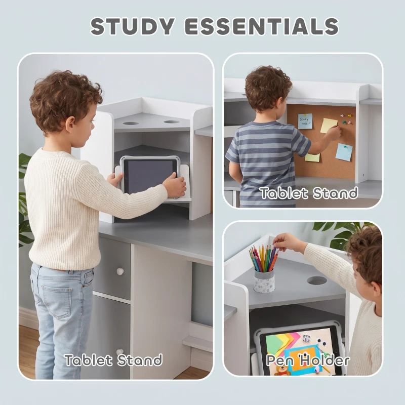 AIYAPLAY Kids Desk and Chair Set Storage Shelves Kids Desk Adjustable Tablet Stand Cork Board Pen Holder Grey