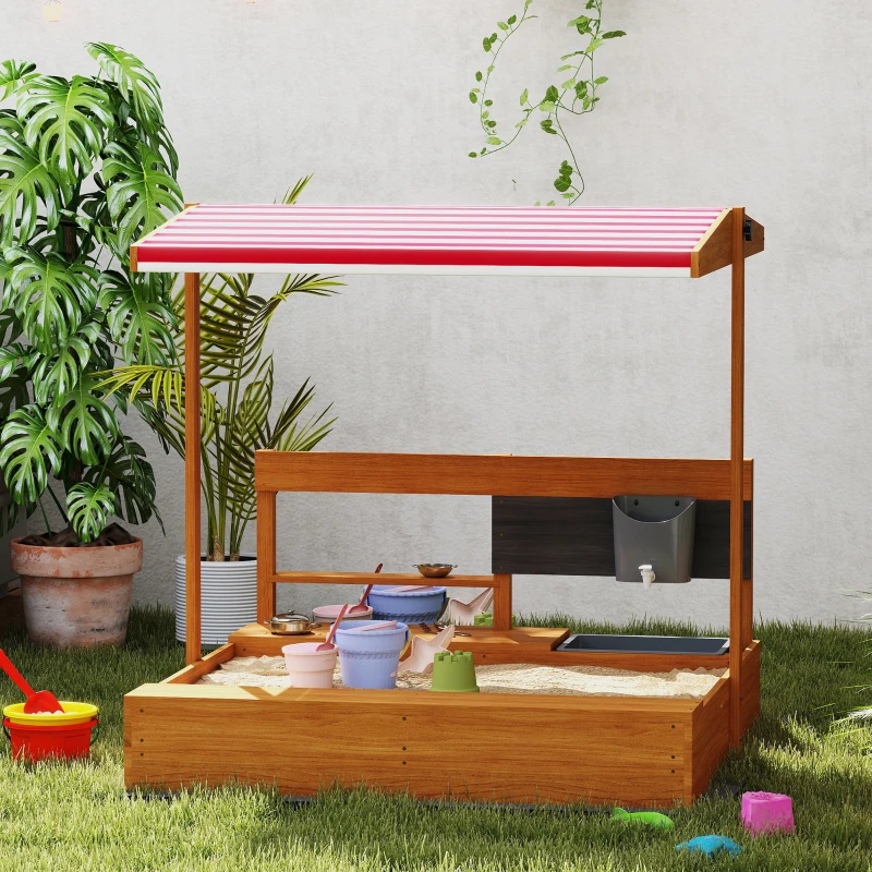 Outsunny Arenero de Madera para Niños con Techo Regulable con Juguetes de Cocina Juego para Niños 3-7 Años 114x110x110 cm Marrón