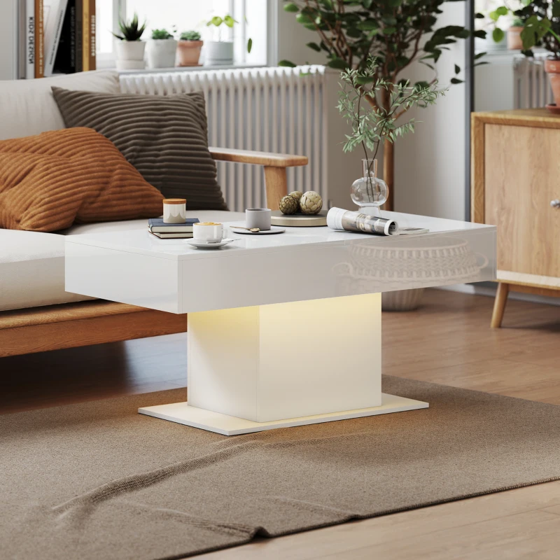 HOMCOM Extendable Coffee Table with LED Lights and Storage - High Gloss White