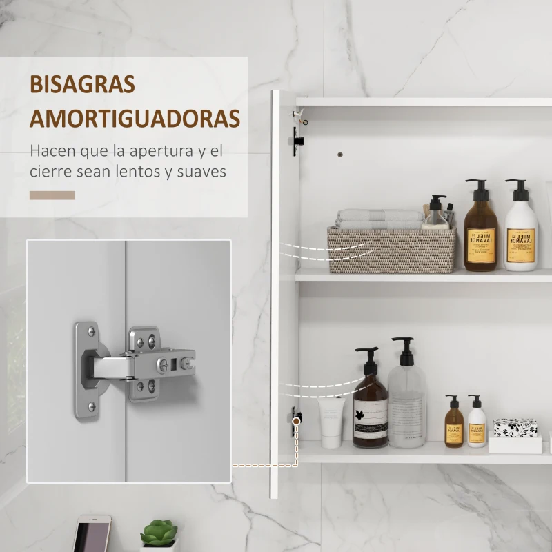 kleankin Armario con Espejo de Baño con 3 Puertas Estantes Ajustables Interruptor Táctil y USB 90x15x70 cm Blanco Brillante