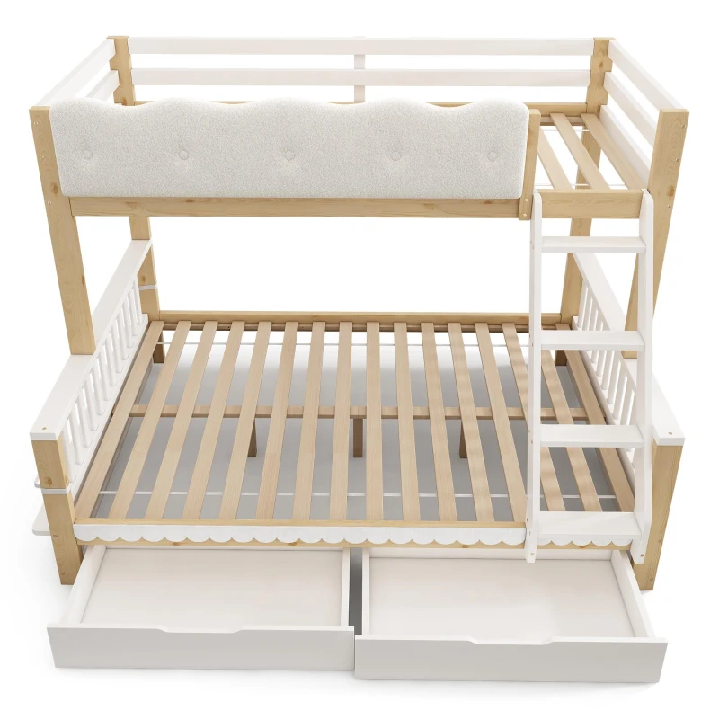 Playful Wooden Bunk Bed Frame with Storage Drawers, Solid Pine Twin Over Full Sleeper Bed for Kids Room, 195L x 140W x 154H cm, Natural+White