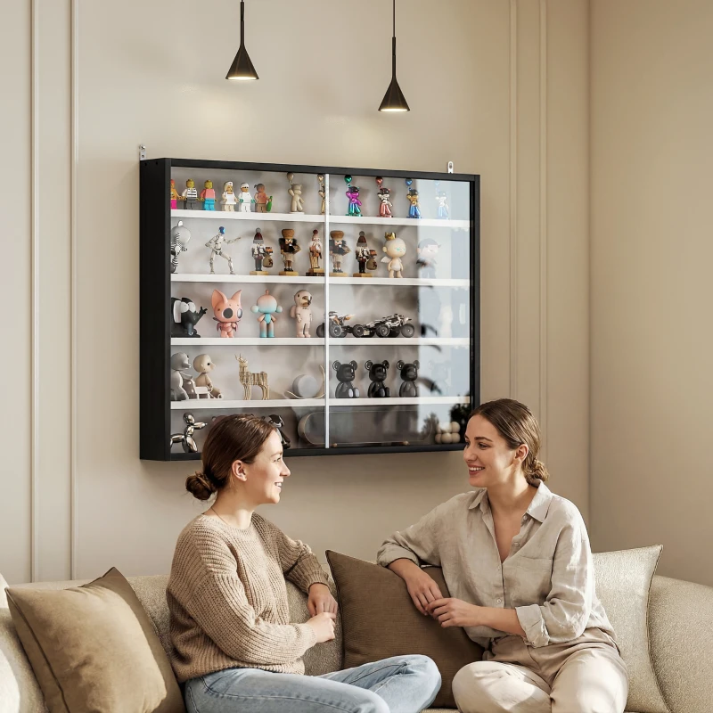 HOMCOM Vetrina per Collezione da Parete a 4 Ripiani Regolabili, in Vetro e Legno, 80x9.5x60 cm, Nero e Bianco