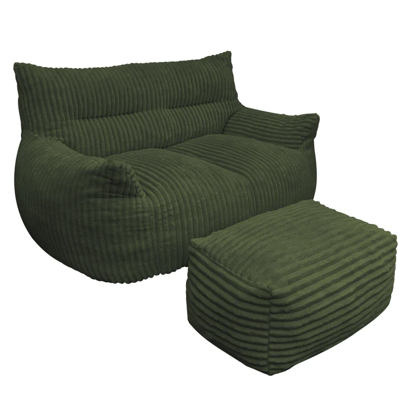 Oversized 2-Seater Corduroy Sofa with Ottoman, Comfortable Couch for Couples and Family, 100L x 135W x 75H cm, Green