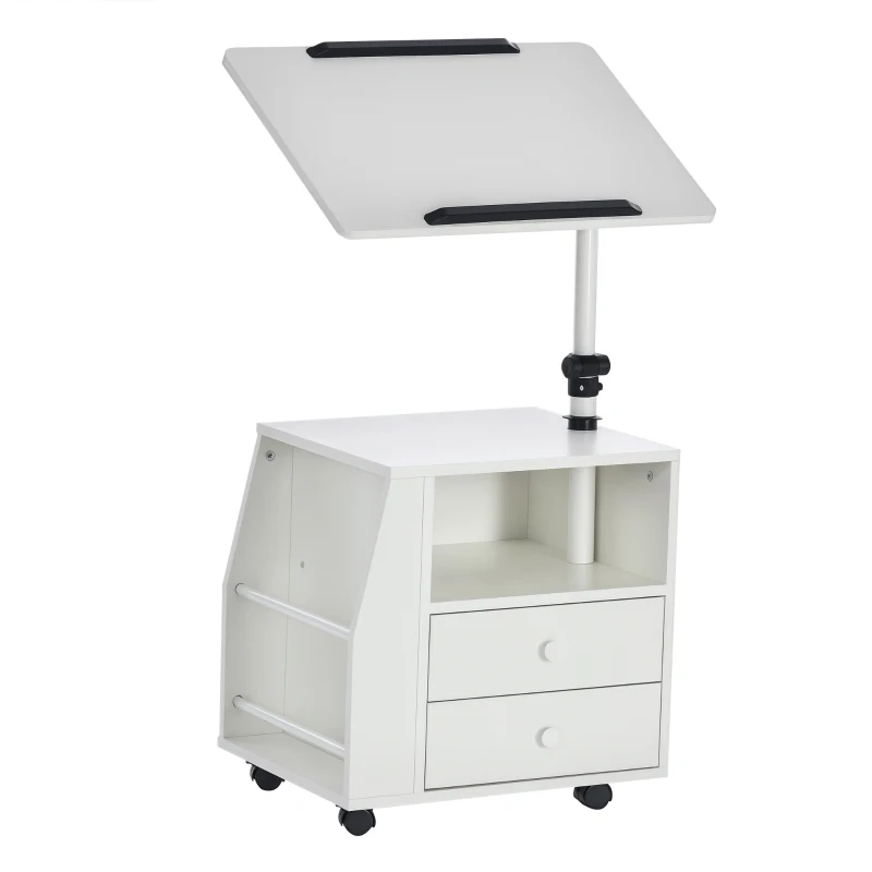 HOMCOM Beistellwagen, Beistelltisch, flexible Tischplatte, 2 Schubladen, Zeitungsfach, 4 Räder, weiß, 60 x 40 x 90cm