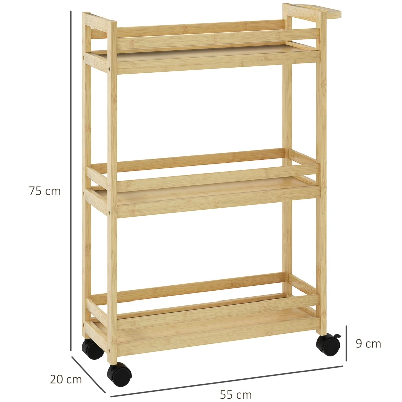 HOMCOM Carrello Portaoggetti per Bagno a 3 Livelli in Bambù, 55x20x75 cm, color Legno