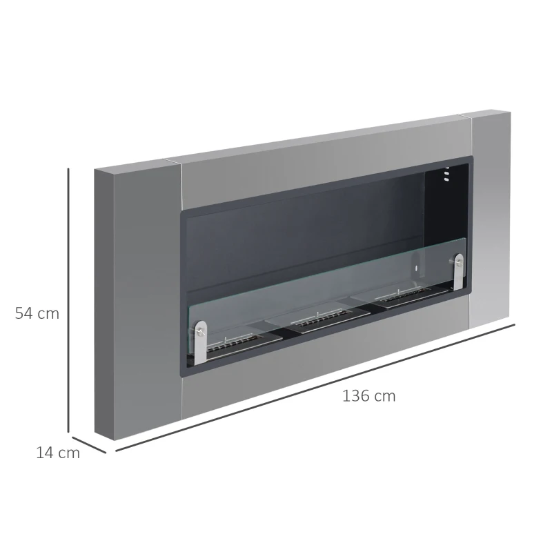 HOMCOM Caminetto a Bioetanolo da Parete in Acciaio Inossidabile Inodore con 3 Serbatoi 1.5LT, 136 x 14 x 54cm, Argento e Nero