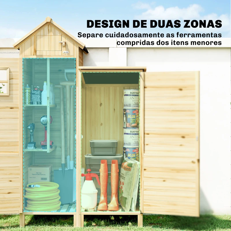 Outsunny Armário de Jardim de Madeira com Prateleiras Removíveis e Portas 106x57x167 cm Madeira Natural